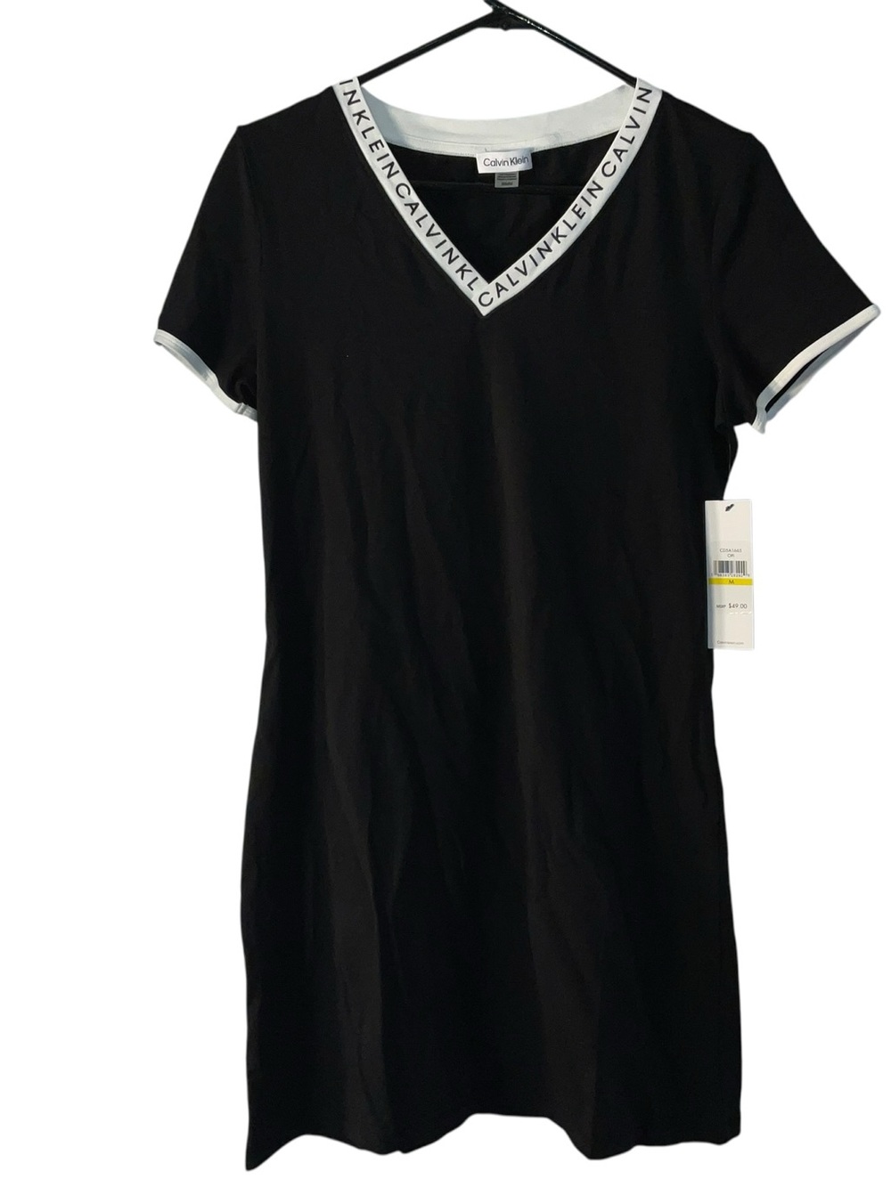 Calvin Klein Black Tee Dress with White Logo V-Neck Trim